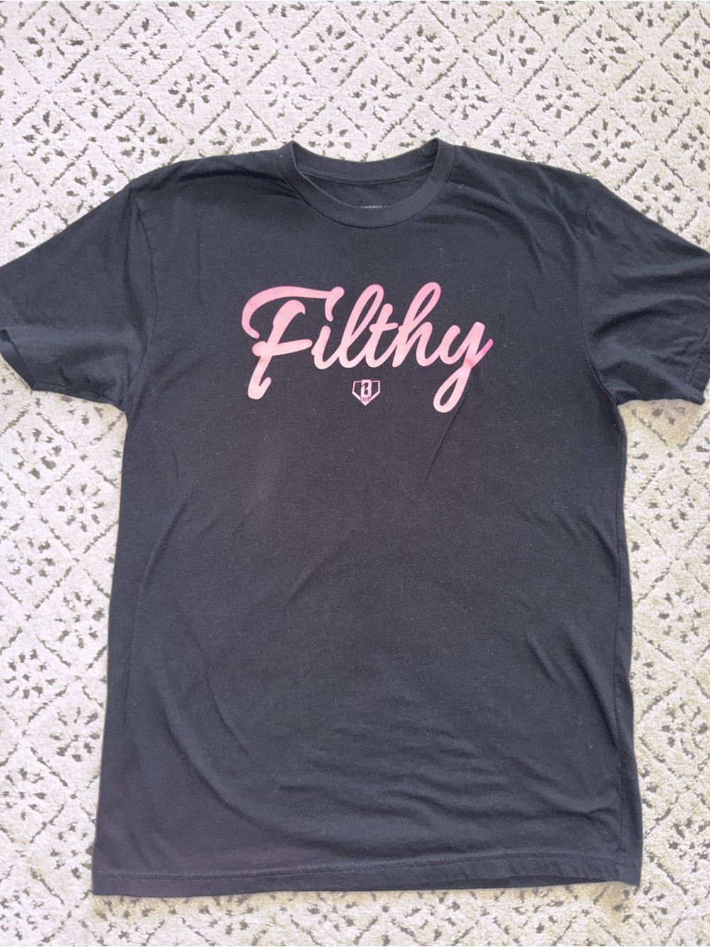 Mens Black Short Sleeve Tee with Pink "Filthy" Script Baseball Size Medium